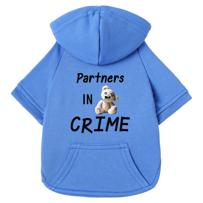 Hautfreundlicher Hunde-Hoodie in Blau mit coolem Partners in Crime Print in Wunschfarbe und Destroyed-Teddy-Grafik - passende Kindermode