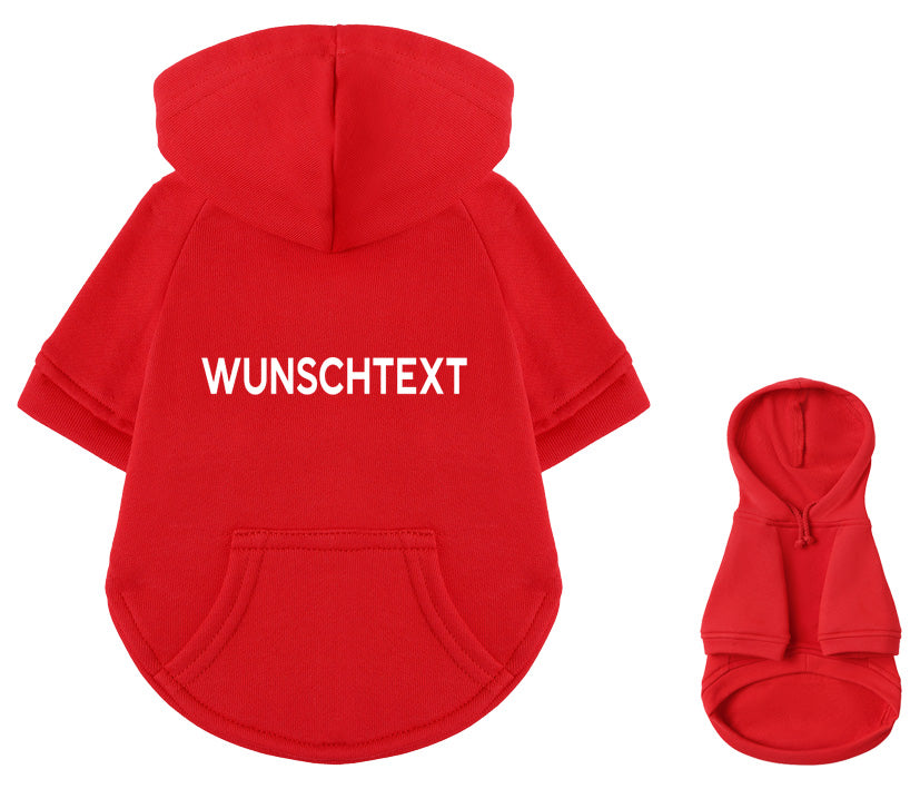 Premium Hundehoodie in rot: Ansicht der Vorder- und Rückseite aus 100% Baumwolle, frei wählbarer Text