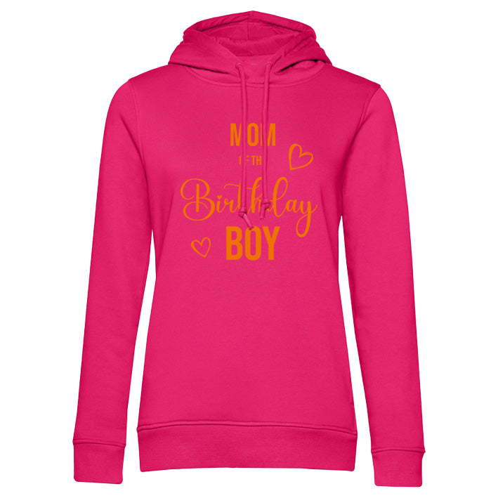 Partnerlook Damen Kapuzenpullover pink: Mom of the Birthday Boy, Aufdruck in Wunschfarbe, passende Hunde- und Kinder-Birthday-Boy-Hoodies