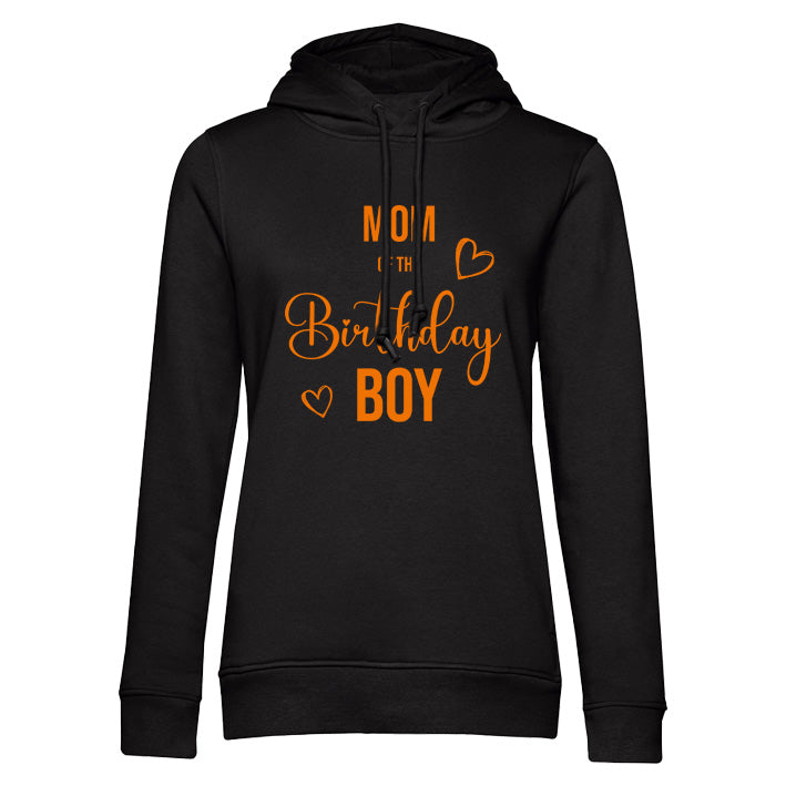 Schwarzer Damen-Hoodie Mom of the Birthday Boy mit wählbarer Schriftfarbe - Teil des Family-Match-Sets mit passenden Hunde- und Kinder-Hoodies