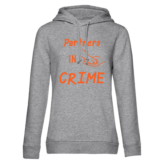 Matching Hundebesitzer Hoodie grau mit Partners in Crime Schriftzug und Pfoten-Design in orange - Frauchen und Hund Partnerlook Kapuzenpullover, nur Brustansicht