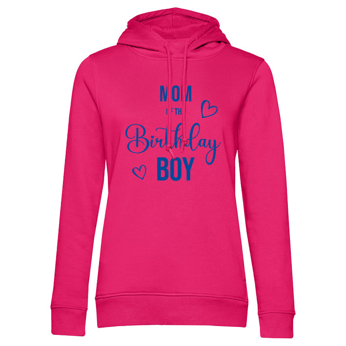 Partnerlook Damen Kapuzenpullover pink: Mom of the Birthday Boy in Wunschfarbe, passend dazu Hunde- und Kinder-Birthday-Boy-Hoodies