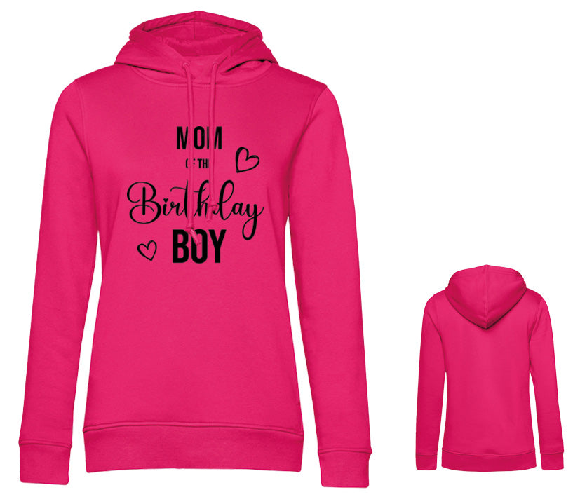 Mom of the Birthday Boy Kapuzenpullover pink: Vorder- und Rückansicht, personalisierbare Schriftfarbe - passend zu Hunde- und Kinder-Birthday-Boy-Sets