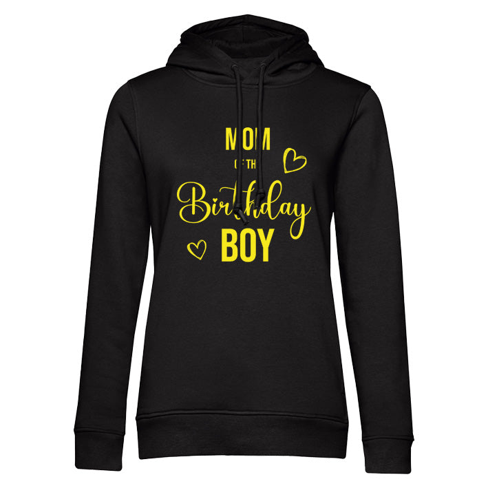 Mom of the Birthday Boy Hoodie in Schwarz - Personalisierbare Schriftfarbe, erhältlich als Familien-Set mit Hund und Kind