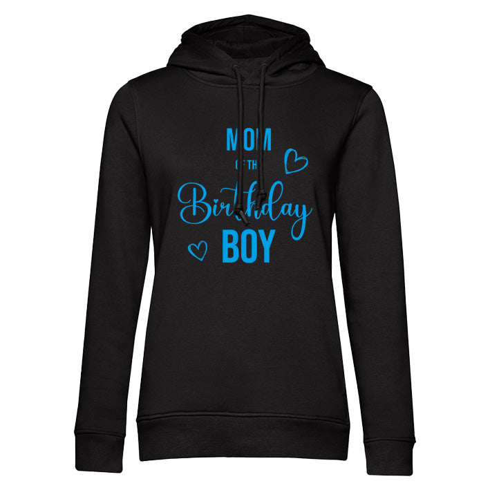 Schwarzer Damen-Hoodie Mom of the Birthday Boy mit wählbarer Print Schriftfarbe - Teil des Family-Match-Sets mit passenden Hunde- und Kinder-Hoodies