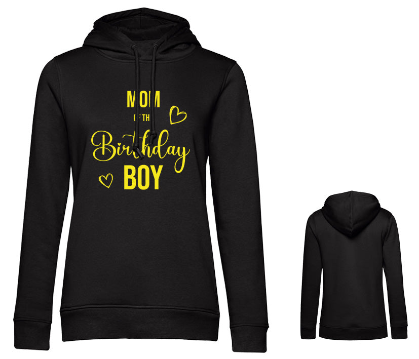 Schwarzer Frauen-Hoodie aus der Birthday Boy Kollektion - Brust- und Rückenansicht gezeigt, Schriftfarbe anpassbar, als Familien-Set erhältlich