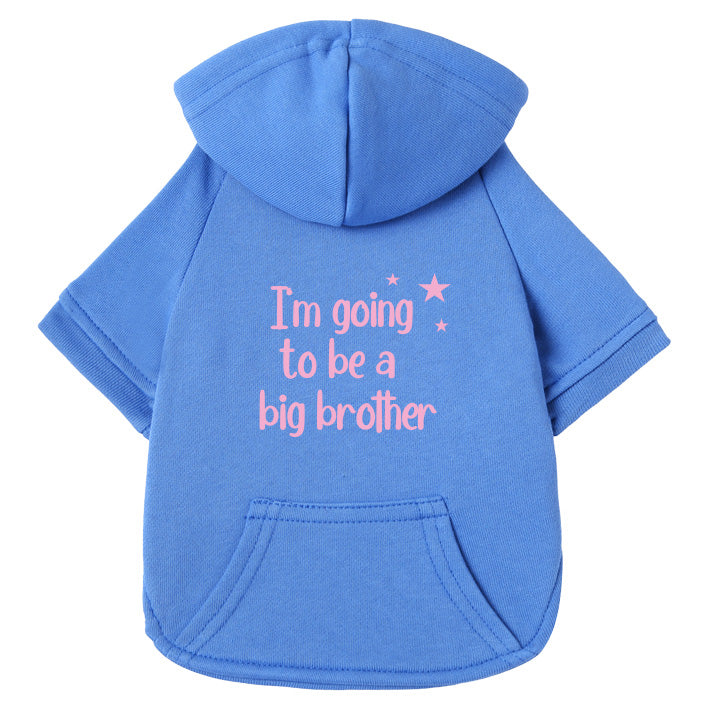 Blauer Baumwoll-Hoodie für Hunde mit I´m going to be a big brother Print in rosa - süße Schwangerschaftsverkündung mit passendem Kinder-Partnerlook