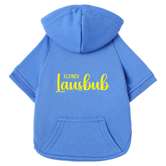 Blauer Baumwoll-Hunde-Hoodie mit personalisierbarem kleiner Lausbub Aufdruck in Wunschfarbe