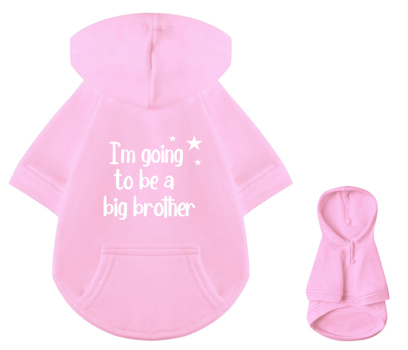 Rosa Baumwoll-Hoodie für Hunde mit I´m going to be a big brother Print in Wunschfarbe - süße Schwangerschaftsverkündung mit passendem Kinder-Partnerlook, Rücken- und Brustansicht