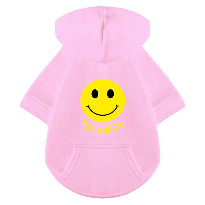 Hundemode mit Charakter: Baumwoll-Hoodie in rosa mit wählbarem Smiley-Design in Wunschfarbe und inspirierendem Motto