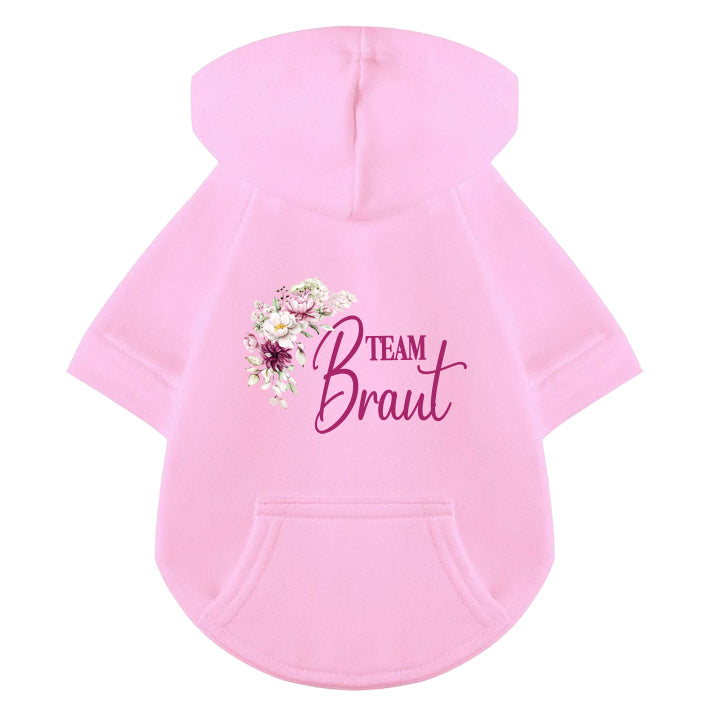 Rosa Hunde-Hoodie mit Team Braut Schriftzug in Himbeerfarben und floralem Design, passend zum Menschen-Partnerlook der Team Braut Kollektion