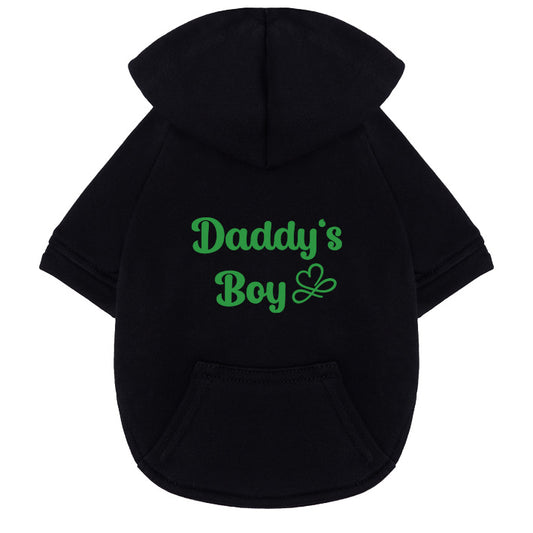 Schwarzer Hundehoodie aus 100% Baumwolle mit Daddy's Boy Aufdruck in grün- Schriftfarbe individuell wählbar, 