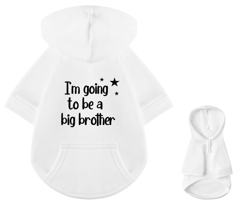 Kreativer Schwangerschafts-Reveal Hunde-Hoodie aus 100% Baumwolle in weiß: I´m going to be a big brother Design, Wunschfarbe wählbar.