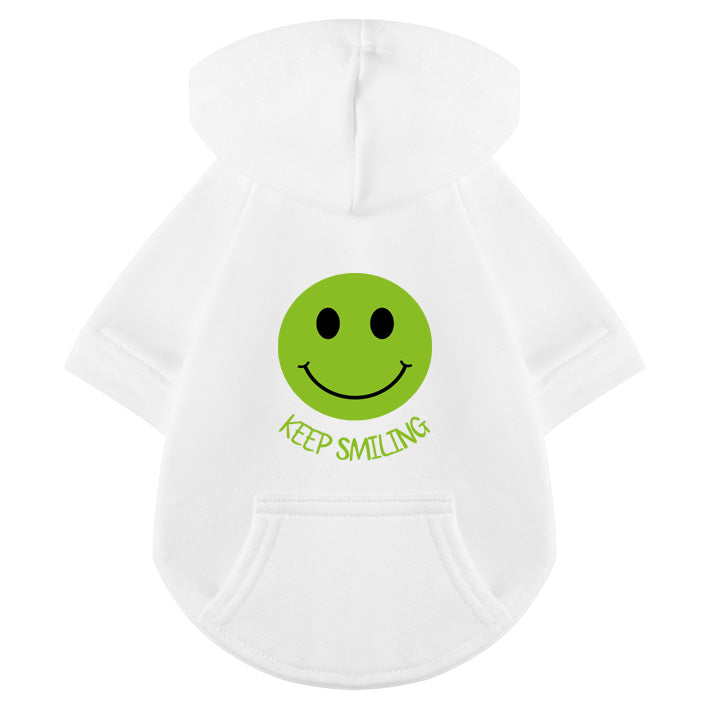 Süßer weißer Hunde-Hoodie aus Baumwolle: Keep Smiling, Smiley in individuell wählbarer Farbgestaltung