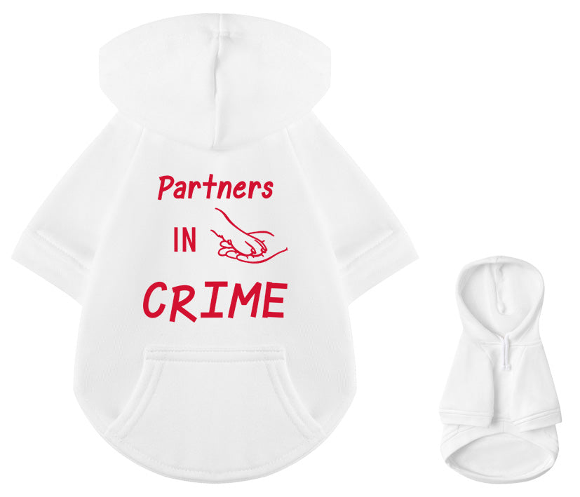 Weißer Baumwoll-Hundehoodie mit Partners in Crime Hand- und Pfoten-Design in rot - Teil einer Hundebesitzer Partnerlook Kollektion für stilbewusste Dog Moms und Dog Dads