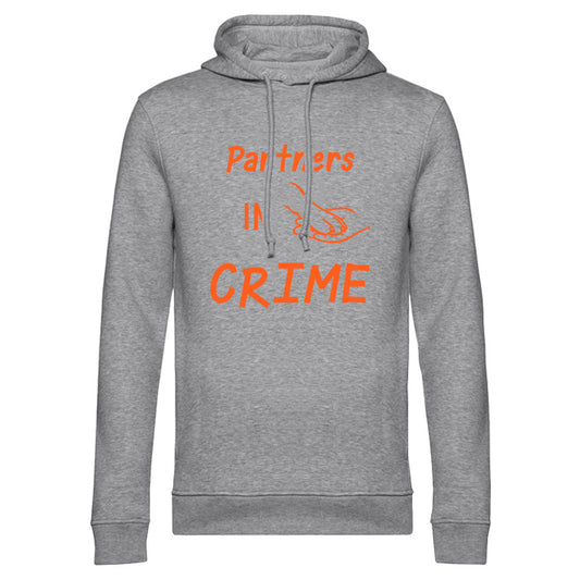 Matching Hundebesitzer Hoodie in grau mit Partners in Crime Schriftzug und Pfoten-Design in orange auf der Brust - Herrchen und Hund Partnerlook Kapuzenpullover