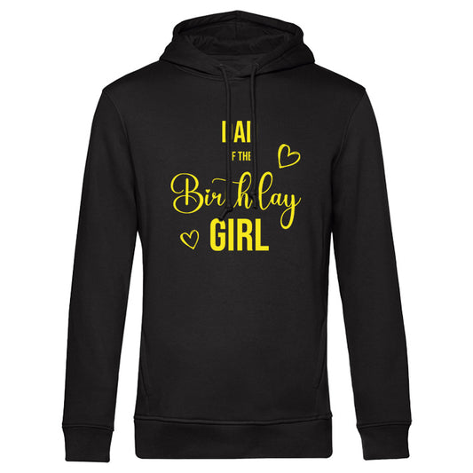 Schwarzer Männer Hoodie mit gelbem Aufdruck Dad of the birthday girl - Teil eines Family Partnerlook Sets mit passenden Hoodies für die ganze Familie inklusive Hunde-Variante, perfekt für Geburtstagsfeierlichkeiten