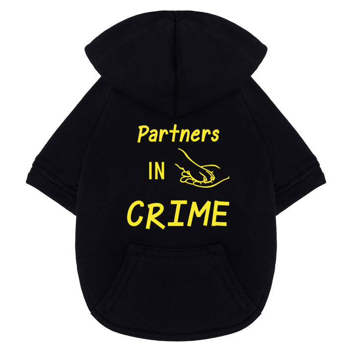 Partners in Crime Hunde Hoodie in Schwarz - Hochwertiger 100% Baumwoll-Pullover mit Hand- und Pfoten-Motiv in gelb, erhältlich als Matching Set mit Hoodies für Hundebesitzer und Hundebesitzerinnen